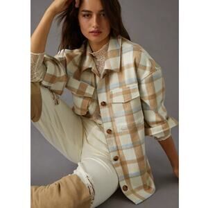 Avec Les Filles Neutral Plaid Shacket Oversized Shirt Jacket Button Front, Large